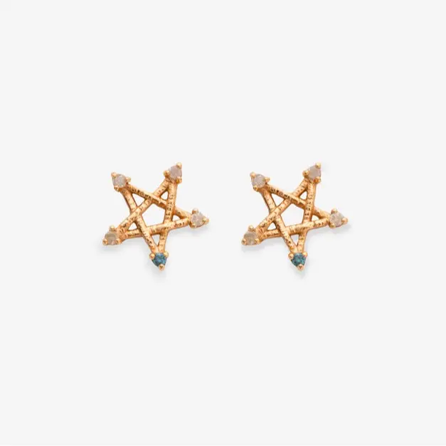 Diamond & Emerald Rose Gold Star Stud Earrings