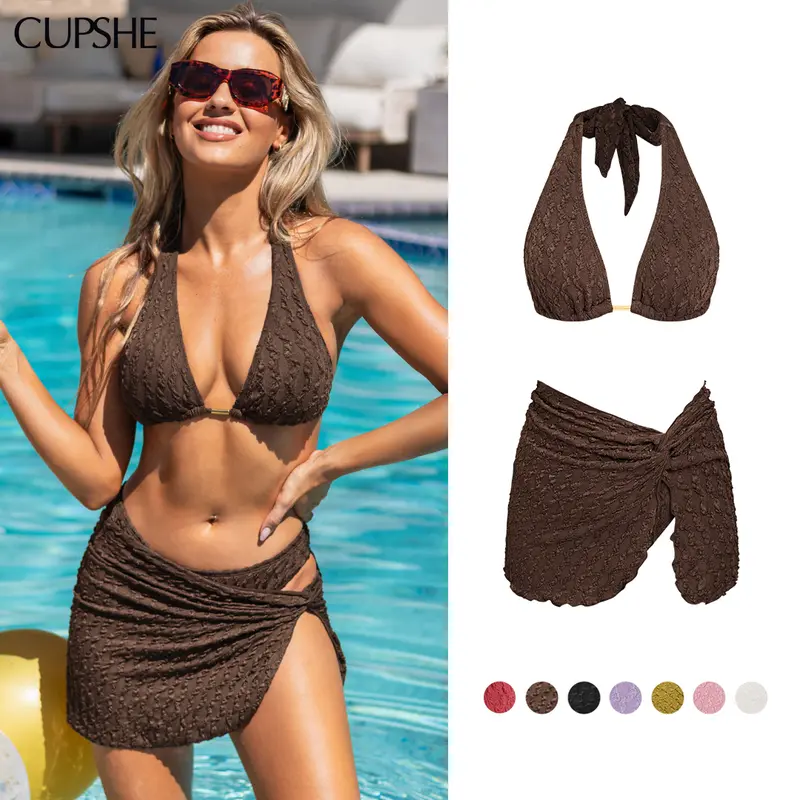 CUPSHE 【Valentine's Day】 3-PIECE SET | Textured Spandex Bikini & Sculpting Sarong Skirt - 2026 Deep V Neck Beachwear & Pool Party Swimsuit Plunging Neckline Bold