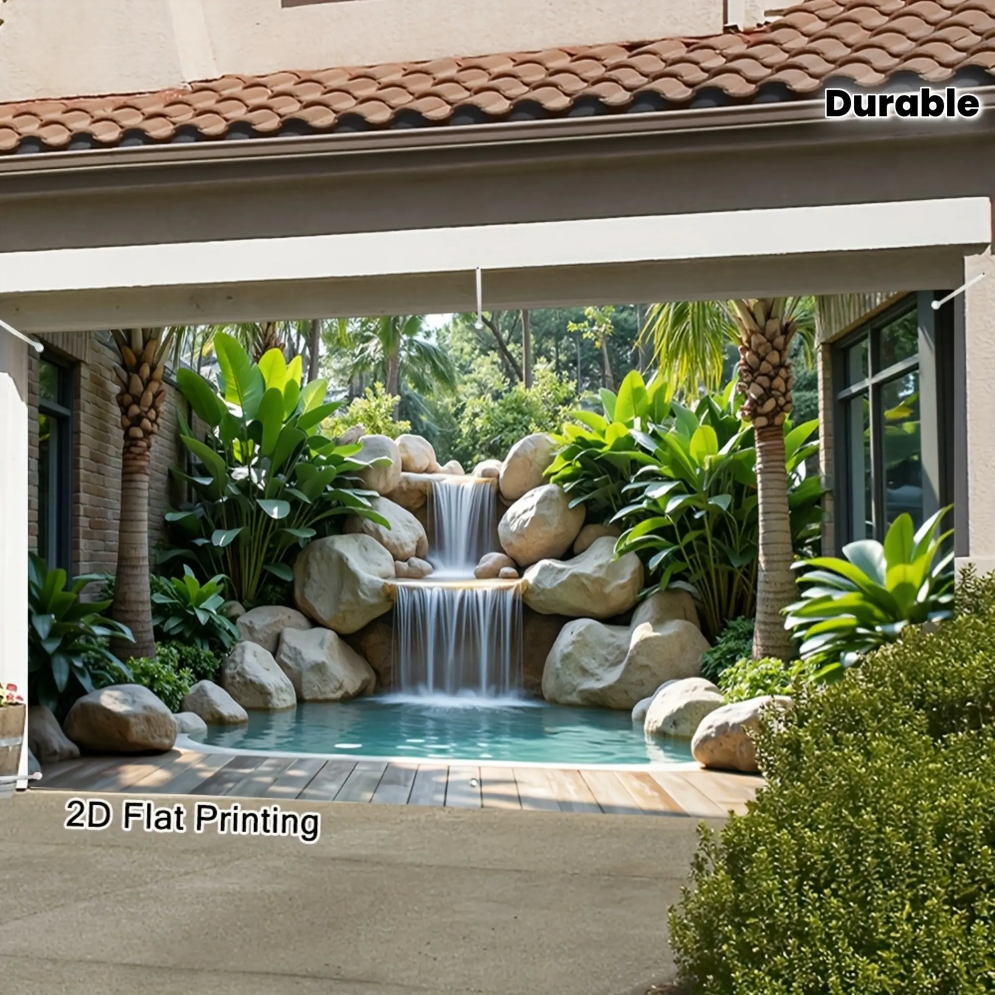 Tropical Palm Waterfall Garage Door Backdrop Seasonal Outdoor Backdrop Nature Scene Background Cloth Scenic Tapestry Wall Hanging Photography Background Polyester Fiber Summer Spring New Year Party Decor Studio Prop Wall Art