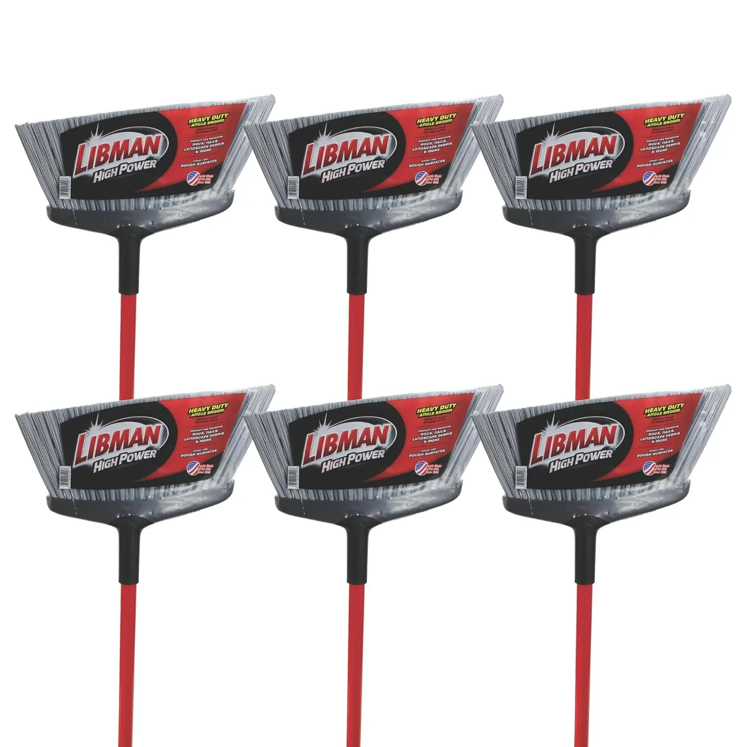 Commercial Durable Rough Surface Angle Brooms - 15-in Wide, Steel Red Handle, Gray Bristles, Pack of 6, 15 Inches