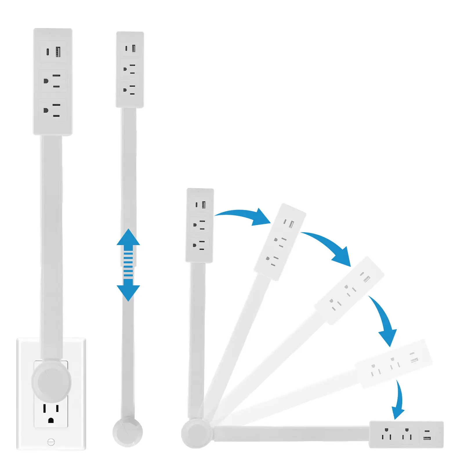 Electrical Outlet Extender Stick - Power Socket Expander,Extendable Outlet for Hard to Reach Places,Features USB-A,USB-C,2 AC Outlets,Rotates 180°,Use Behind Couches,Nightstands,Desks,More