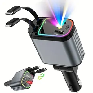 Car charger, Starlight ultra-fast car charger, featuring retractable cables with USB and Type-C ports, 4-in-1 retractable car charger, essential travel accessory for motorists.