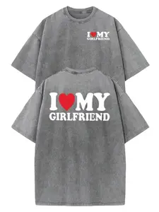 valentine shirts I love my girlfriend alphabet print pure cotton, oversize shoulder retro street basics loose hip-hop men's and women's tops Autumn summer do old washed T-shirt Short sleeve round neck T-shirt malcolm todd