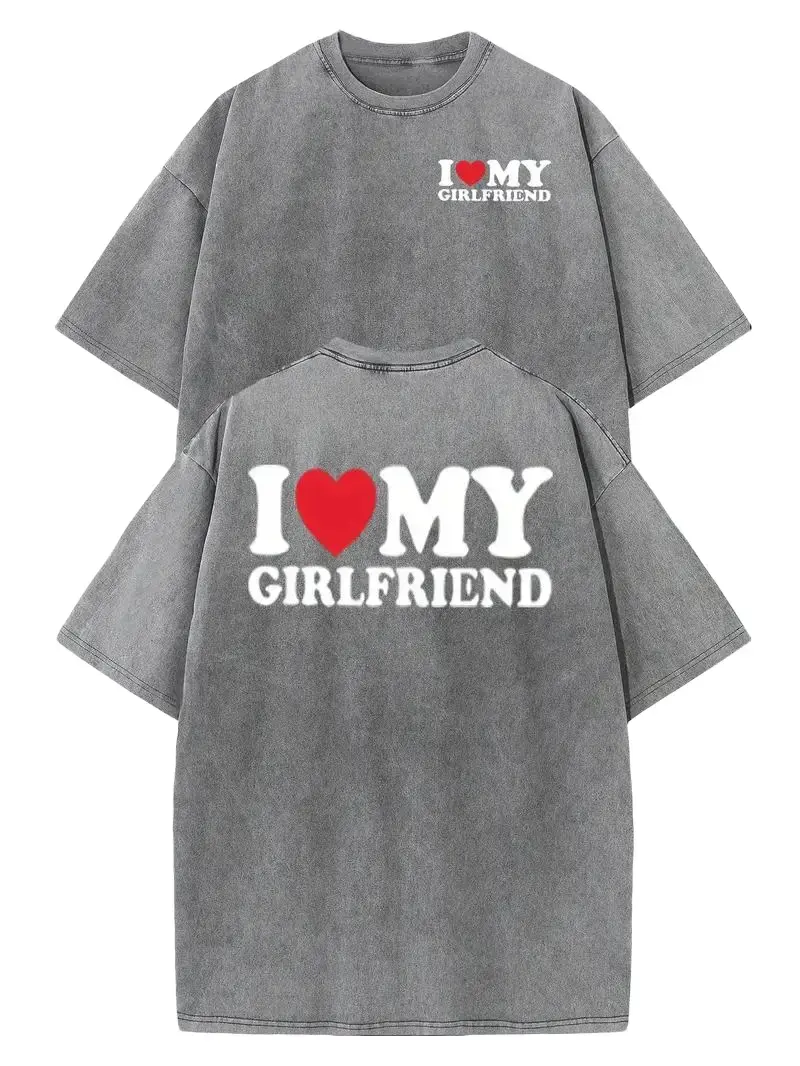 valentine shirts I love my girlfriend alphabet print pure cotton, oversize shoulder retro street basics loose hip-hop men's and women's tops Autumn summer do old washed T-shirt Short sleeve round neck T-shirt malcolm todd Oversized Apparel