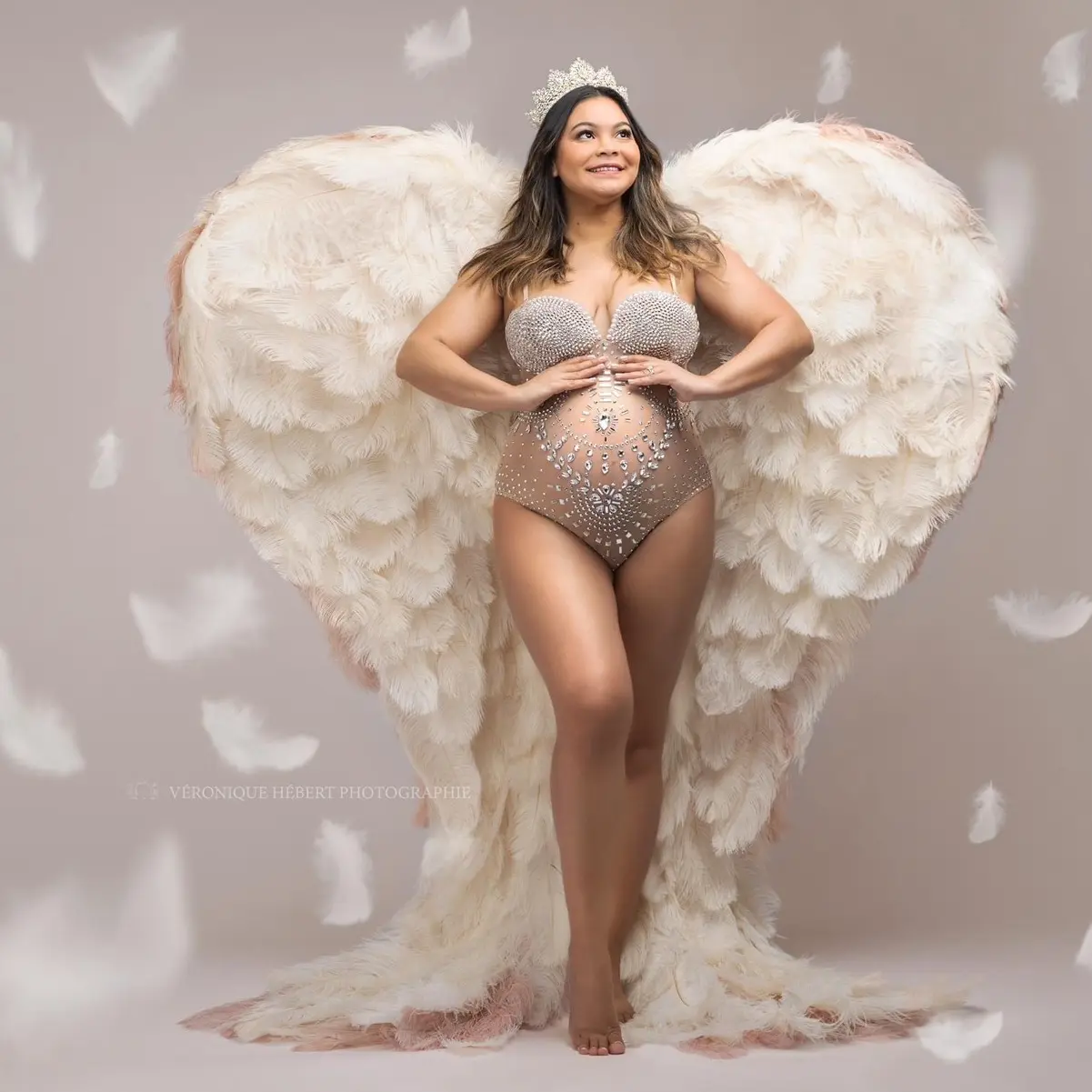 Nude Rhinestone Bodysuit for Maternity and Non-Maternity Perfect for Photoshoots