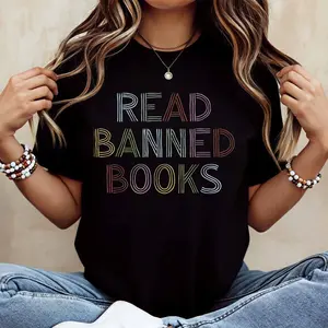 Read Banned Books Print T Shirt Women Casual Short Sleeve Top Loose Fit Crewneck Tee Fashion Statement Graphic Tee For Book Lovers