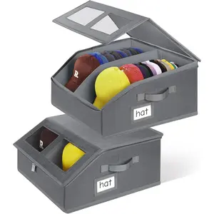 2 Pack Hat Storage for Baseball Caps-Holds Up to 48 Caps, Hat Organizer for Closet Stackable Hat Box with Cardboard,  Baseball Cap Organizer with 2 Handles for  Travel (Grey, 2Pack)