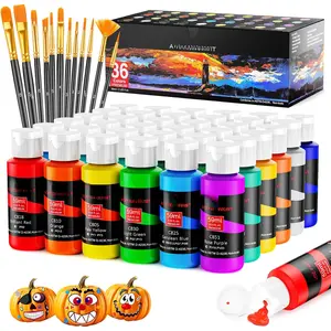 Set With 12 Brushes, 36 Colors (59ml, 2oz) Art Craft Paints Gifts for Artists  Beginners & Painters, Halloween Pumpkin Canvas Ceramic Rock Painting Kit Art Supplies