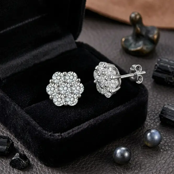 S925 Unisex Floral Shape Lab-Created Moissanite Stud Earrings - Screw Back/Butterfly Back, Casual Wear Jewelry, Ideal Birthday Gift