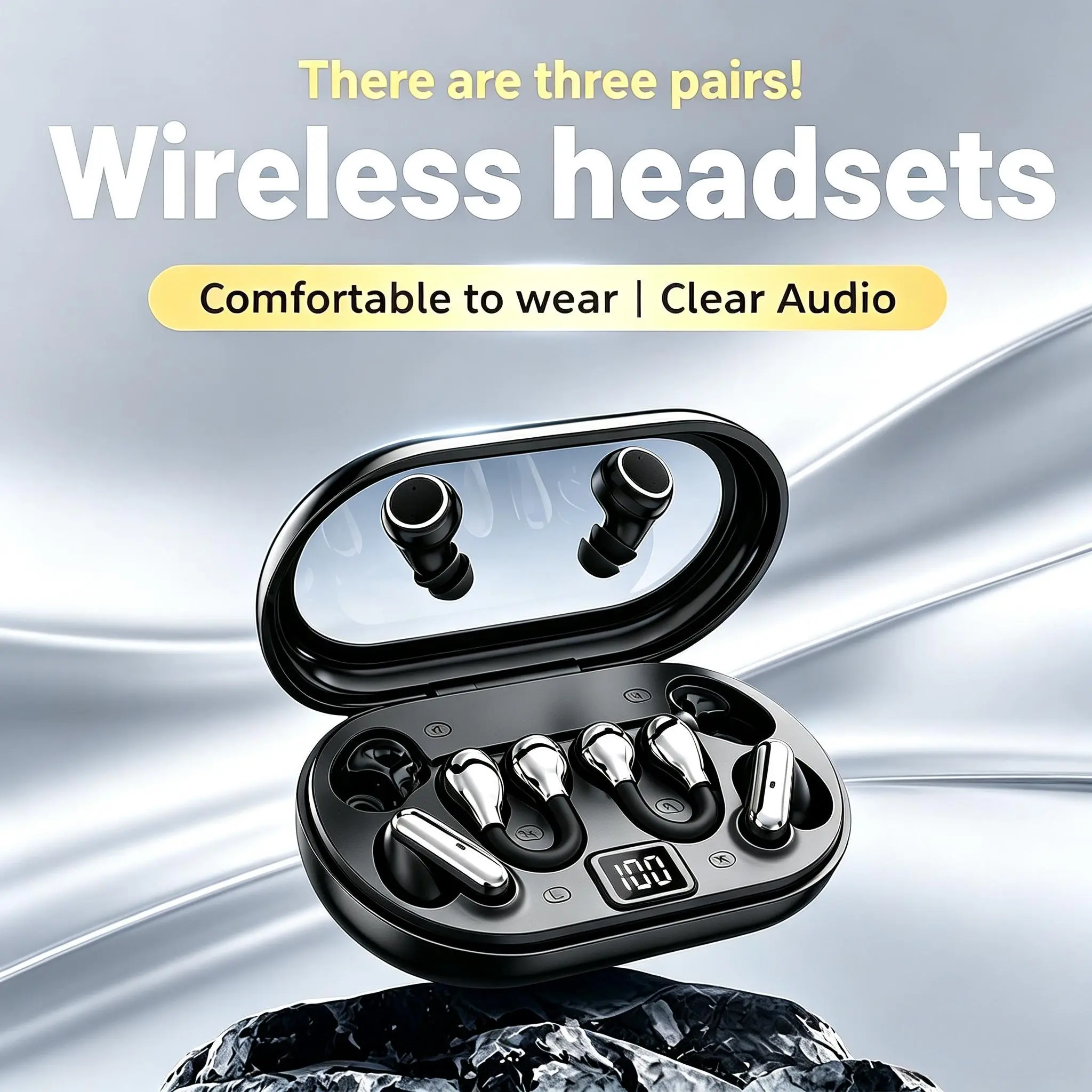 3 Pairs Earbuds Set 3-in-1 TWS Earphones Bluetooth 5.4 with Clip-On Earbuds, Mini Invisible Sleep Earbuds & Sports Hook Earbuds, ENC Noise Cancelling, Waterproof, USB-C Charging, Designed for Work, Running, Gym & Sleeping Comfort