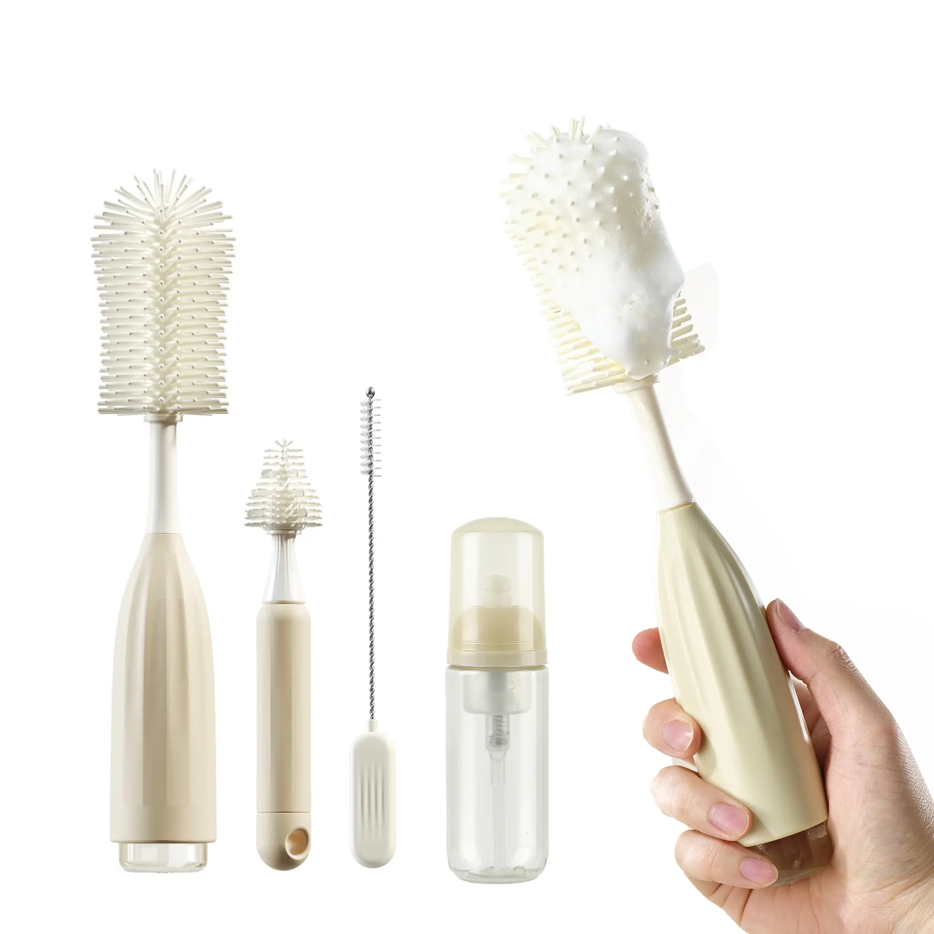 Silicone Baby Bottle Cleaner Brush Set - Push-Press Foaming Action, Food Grade Non-Scratch, Multiple Heads for Breast Pump Parts & Nipples, Portable Travel Tool, Newborn Essentials Gift for Moms (Green)