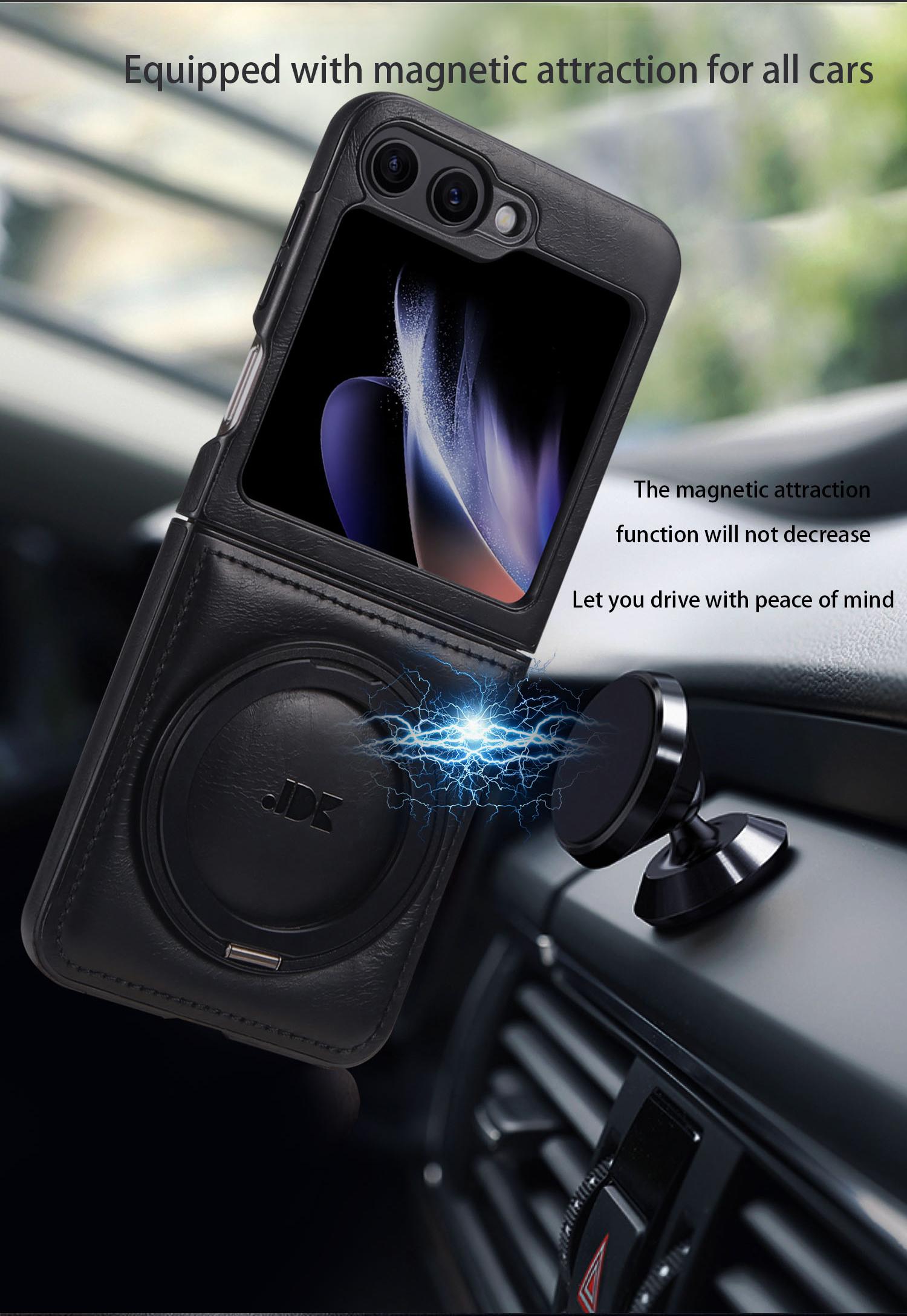 Metal 360° Rotating Stand Phone Case for Samsung ZFlip7/ZFlip6/ZFlip5/ZFlip4/ZFlip3 Foldable Screen Magnetic Skin-Friendly Leather Texture Business Full Shockproof Protective Cover