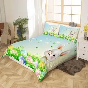 Three-Piece Bunny Comforter Set for Kids, Watercolor Easter Egg Floral Design, Includes Duvet Cover and Pillowcases, Spring Bedding Collection