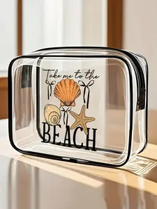 New Beach-Themed Printed PVC Waterproof Beach Bag with Zipper, Travel Essential, Seashell & Starfish Print, PVC Cosmetic Pouch, Makeup Organizer Pouch, Travel Organizer, Vacation Must-Have, Summer Essential