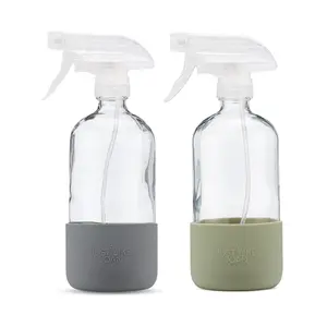 Just Like Joan Glass Spray Bottles with Silicone Sleeve - Clear Glass Spray Bottles for Cleaning Solutions, Essential Oils, Plants, Vinegar, Bleach - Refillable 16 oz Food Safe (Green & Gray) Household