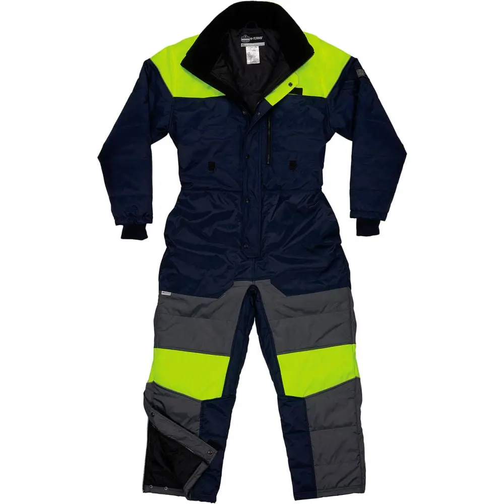 Ergodyne N-Ferno 6475 Menswear Workwear Men's Oversized Thermal Insulated Coverall for Cold Storage, Water-Repellent Polyester Fabric, Ribbed Cuffs with Sleeves, Fleece Collar, Navy, M, Sleeve, Knit
