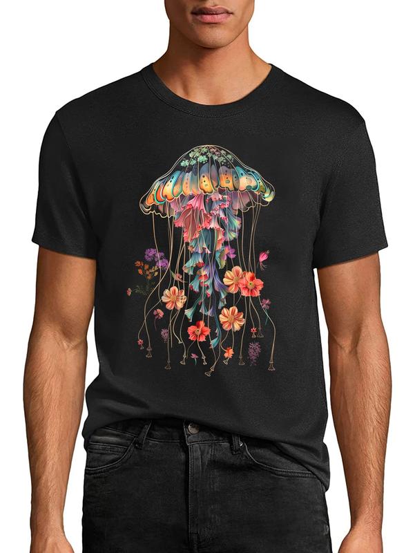 100% Cotton Unisex Jellyfish Flowers Vintage Floral Scuba Diving Surf Round Neck Short Sleeve T-Shirt Women's Men Graphic Tee