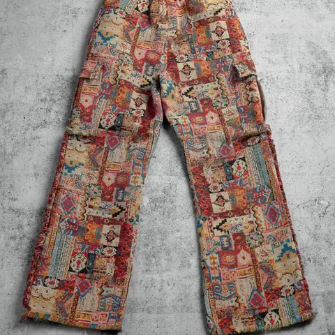 Men's Boho Wide-Leg Baggy Polyester Pants - Menswear, Casual Comfy, Bold Ethnic Patchwork Tapestry All-Over Print, All Seasons Clothing for Festivals, Outdoors