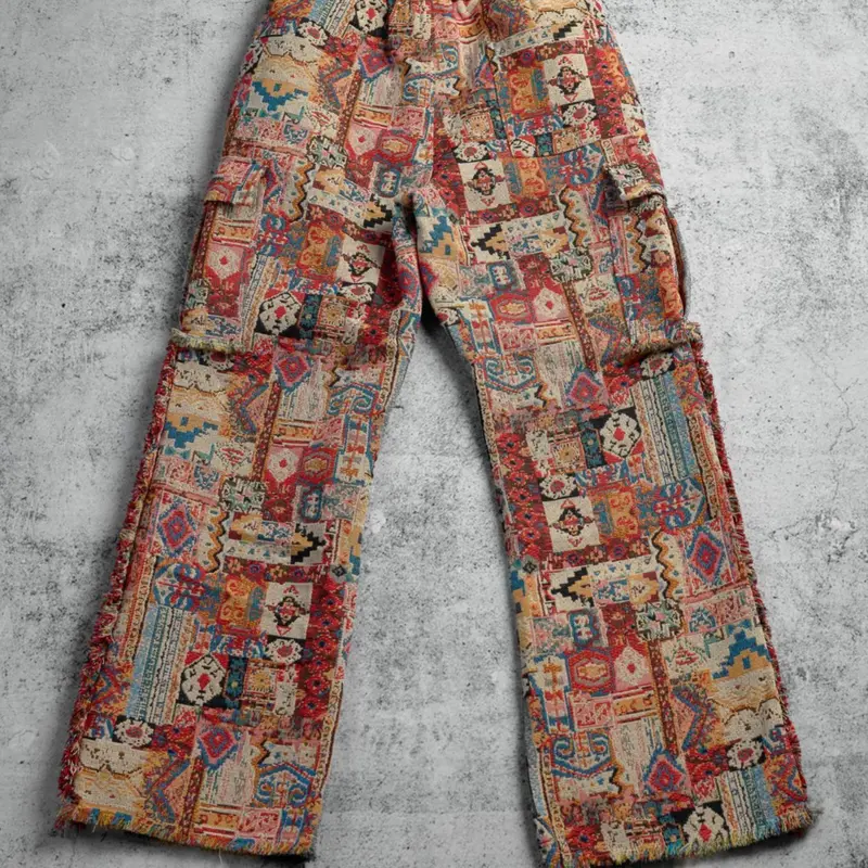 Men's Boho Wide-Leg Baggy Polyester Pants - Menswear, Casual Comfy, Bold Ethnic Patchwork Tapestry All-Over Print, All Seasons Clothing for Festivals, Outdoors