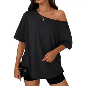 Womens Off The Shoulder Tops Oversized T-Shirts Short Sleeve Tees Summer 2025 Casual Spring Fashion Clothes