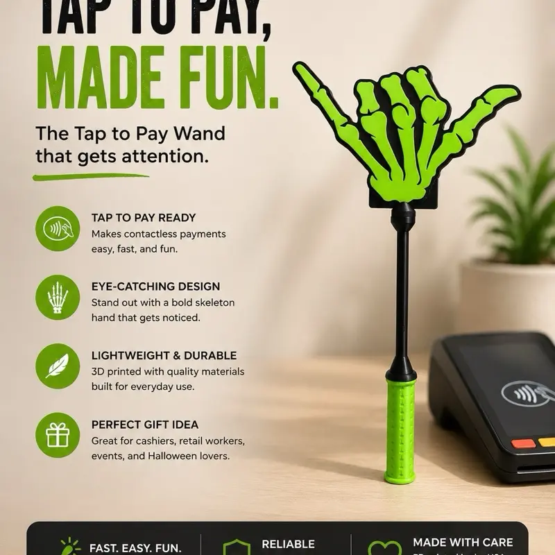 3D Printed Skeleton Shaka Tap-to-Pay Wand, Contactless Payment Prop, Credit & Debit Card Holder, Funny Spooky Gift
