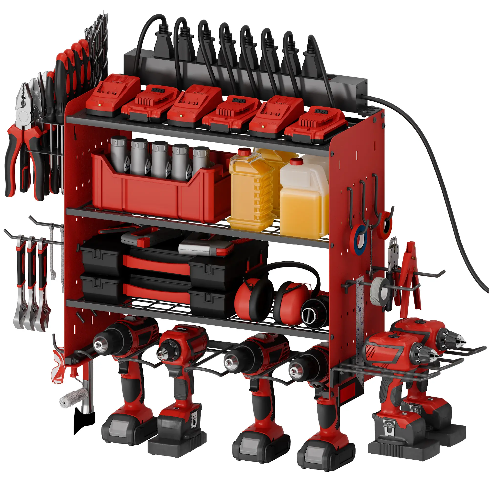 Sttoraboks Modular Power Tool Organizer with Charging Station, Wall Mount Garage, Heavy Duty Tool Battry Holder Built in 8 Outlet Power Strip