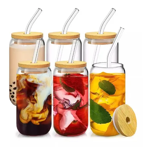 Glass Cup with Lid & Straw Set, 6pcs 16OZ Party Clear Glass Cup Set, Can Shaped Drinking Glasses Summer Cool Bottle, Birthday Gift Ideas, Suitable for Coffee, Juice, Milk Tea, Beer