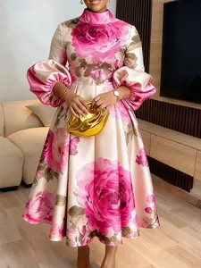 Women's Rose Print Lantern Sleeve Dress, Waist Cinched A-Line Skirt, Perfect for Parties and Dates, Elegant Ladies' Clothing, Flower Print Dress