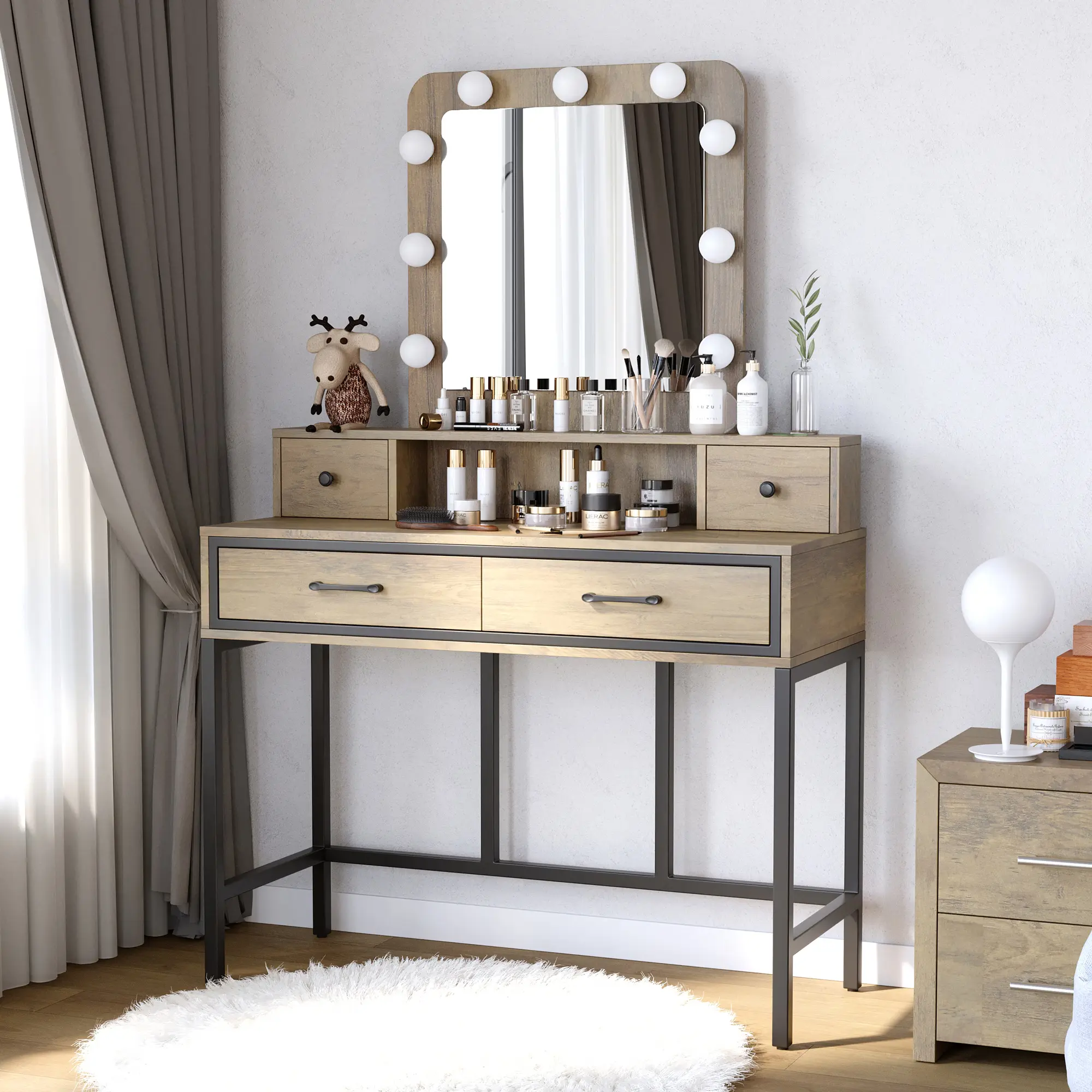 Stylish Brown Makeup Vanity Desk with 3-Color Dimmable Hollywood Mirror & 4 Drawers - Perfect Dressing Table for Women and Girls