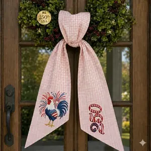 Patriotic Door Wreath Bow, Farmhouse Rooster Embroidery Decor, Monogram Hostess Gift for July 4th USA 250th Anniversary