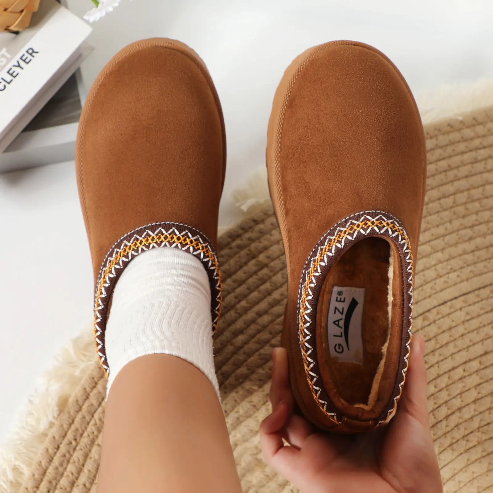 Women's Cozy Platform Slippers Mini Boots Faux Suede Fuzzy Plush Lining Round Toe Slip-on Short Ankle Booties Thick Sole Non-Slip Girl Fashion Classic Comfortable Fall Winter Casual Shoes Footwear for Indoor Outdoor Daily Wear【Run small size up 0.5】