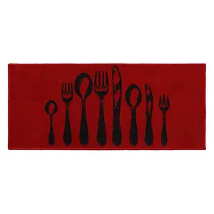 Chic Cutlery Print Kitchen Runner Rug Red with Soft Wool Effect - 48 x 20 inches