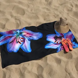 Blue Lily Floral Pattern Multifunctional Beach Towel, Super Absorbent Quick Dry, Summer Essential for Beach Vacation, Swimming, Yoga, Spa, Camping