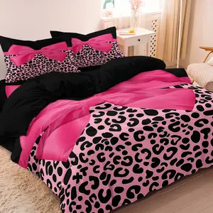 3pcs Pink Leopard Print Bow Print Duvet Cover Set, Stylish Bedding Set, For Family Bedrooms Dormitories Hotels (1 Duvet Cover + 2 Pillowcases No Comforter No Pillow)
