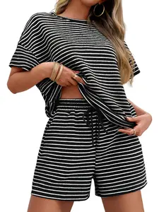 Womens 2 Piece Sets Summer Lounge Sets Striped Short Sleeve Oversized T Shirts Drawstring Shorts Matching Set