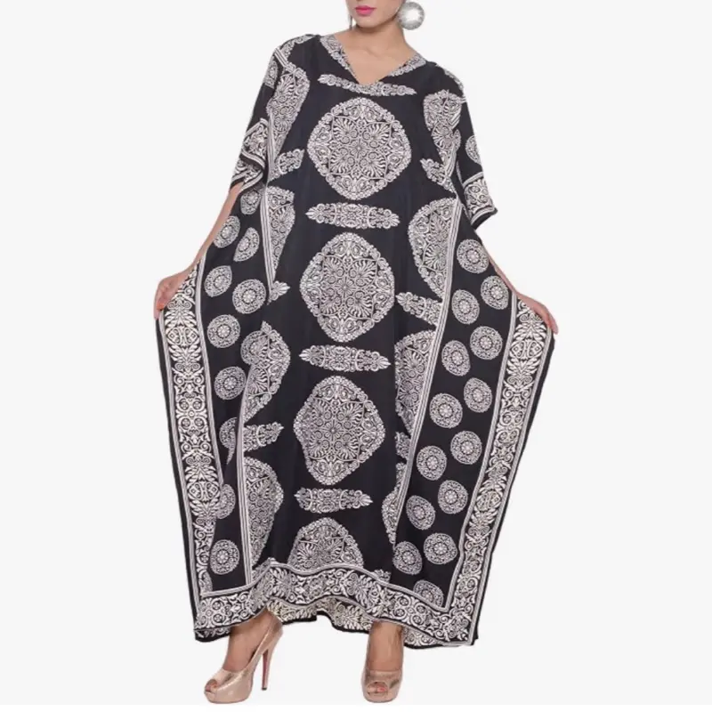 Women's Plus Size Black & White Goood Times Caftan - Elegant Fashion Style Casual Wear, Loose-Fit Long Maxi Beach Cover-Up, Everyday House Dress, Sizes 1X-3X