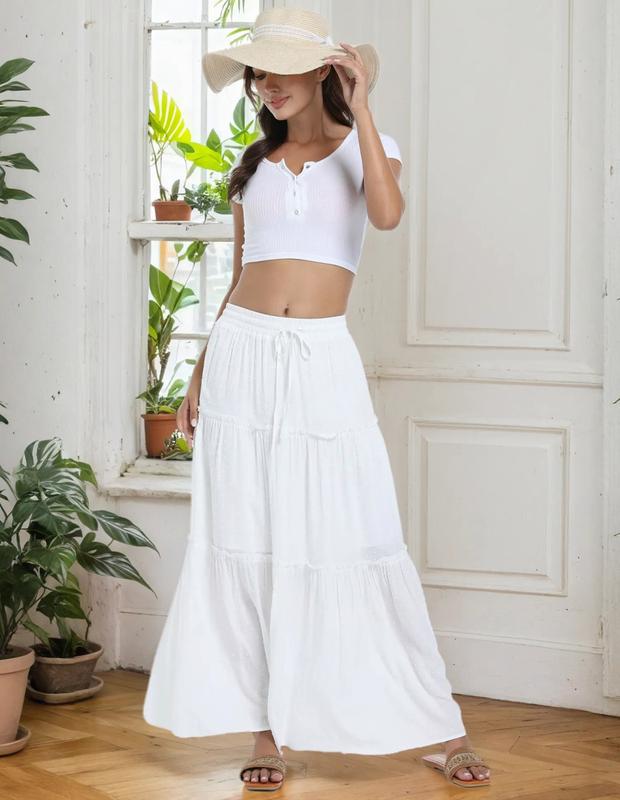 White Maxi Skirt for Women Casual Elastic Waist A-Line Summer Boho Beach Long Skirts