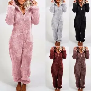 Jumpsuit Pajamas - Adult Zip Fleece Pajamas with Hood, Long Sleeves, Available in Various Colors, Casual Style for Women