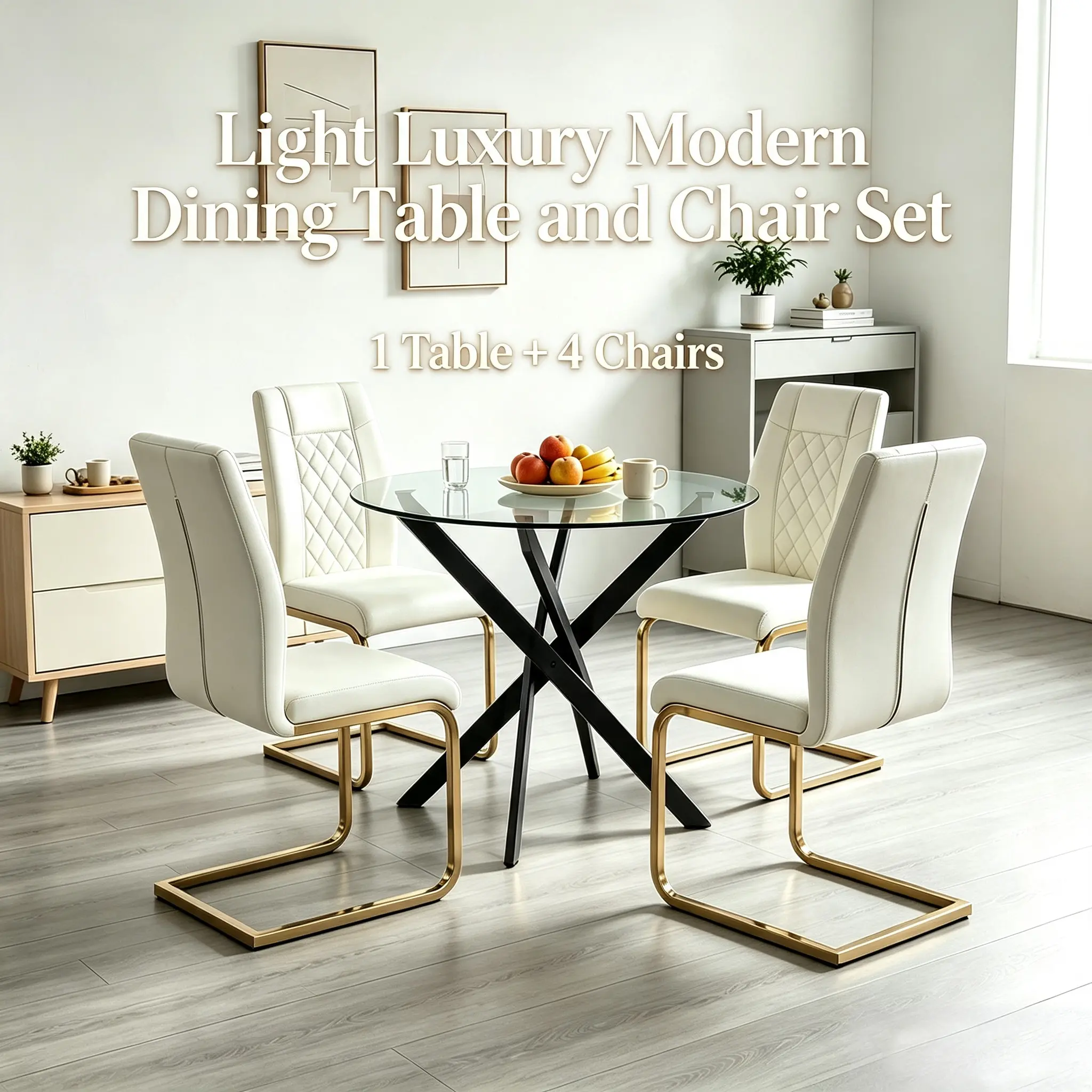 Modern 5-Piece Glass Dining Table Set with Black Legs, Round Kitchen Table & 4 High-Back PU Leather Chairs for Home Dining Room, Black & Gold