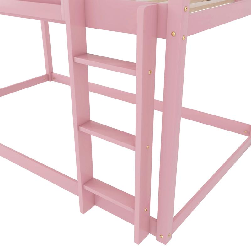 Twin Over Twin Low Bunk Bed, Floor Bunk Bed with Ladder, Solid Wood Twin Bunk Bed