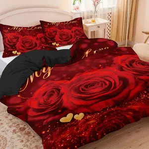 3-piece bedding set (1 duvet cover + 2 pillowcases, no insert) Romantic red rose LOVE heart print duvet cover set, soft and comfortable bedding set, room decor, suitable for all seasons, perfect as a gift, a Valentine's Day essential, Bedroom Bedding Set
