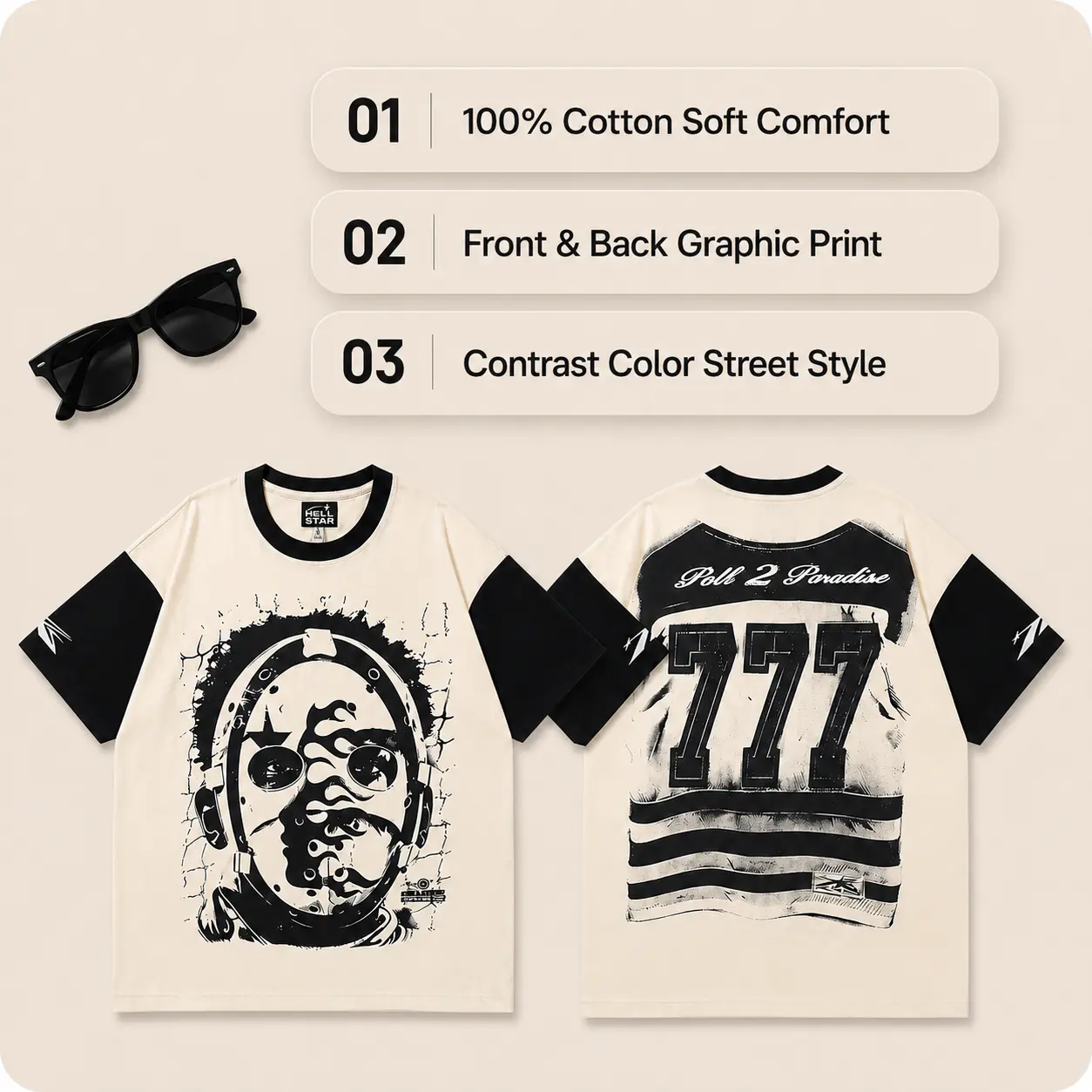 Hell star 777 Mask Graphic Tee Cream Black Oversized Streetwear Shirt Unisex Y2K Vintage Football Jersey Style Baggy Loose Fit TikTok Viral Hypebeast Hip Hop Skater Summer Drip Outfit