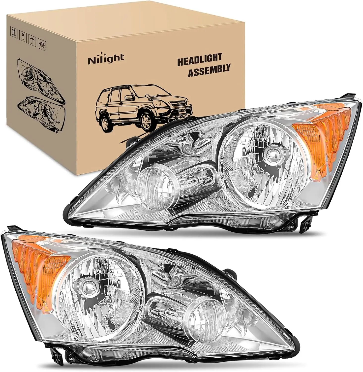 Nilight LED Headlight Assembly Kit for Honda CR-V 2007-2011, Chrome Housing, Amber Reflector, Waterproof Car LED Front Light Headlamp, Automotive Headlight Assemblies with Screw, Car Exterior Upgrade Passed Temperature & Humidity Test, Cars Accessories