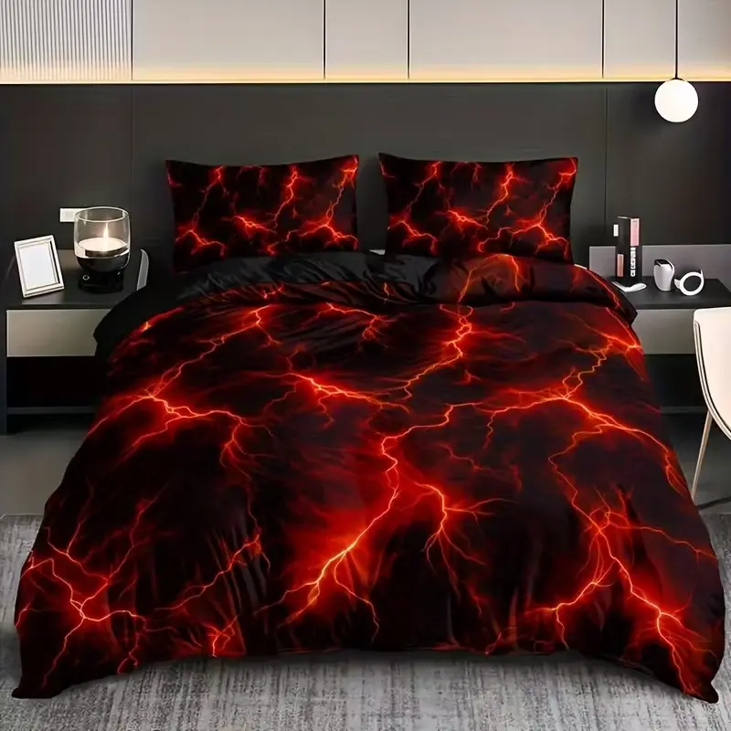Three-Piece Lightning Pattern Bedroom Theme Bedding Set, Bedsheet Sets, Includes One Fitted Sheet and Two Pillowcases, 100% Polyester, Universal Size, Bedsheets Set