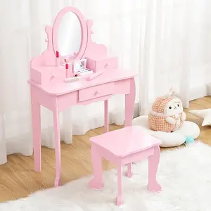 Kids' Vanity Set with Mirror, Makeup Table and Stool for Girls, Vanity Desk and Chair with Wood Makeup Playset