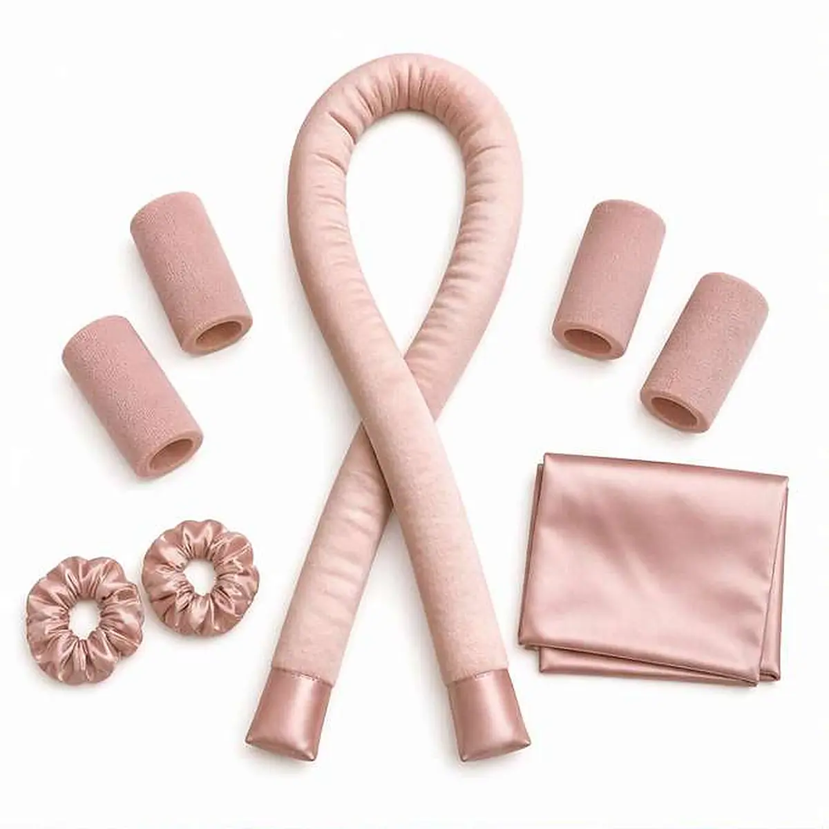 Velvet Hair Rollers Set, 8 Pieces – Heatless Curling Rod, 4 Jumbo Rollers, Satin Scrunchies & Scarf for Overnight Curls, Blush