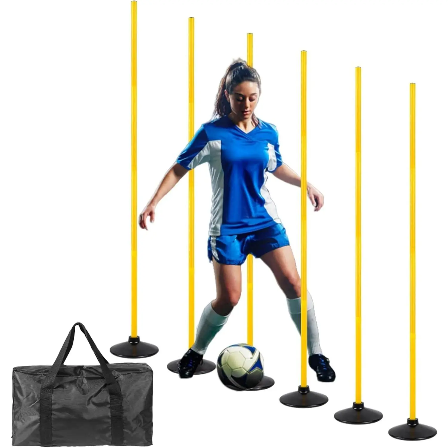6 count 5 FT Adjustable Agility  Poles for Soccer,Basketball,Football, Horse,-Speed and Agility  Equipment   Poles with Rubber Bases and Bag