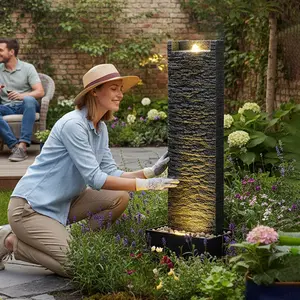 Outdoor Floor Standing Water Fountain LED Illuminated 38.5" with Pebble Base for Garden Patio Yard Elegant Water Flow Pump