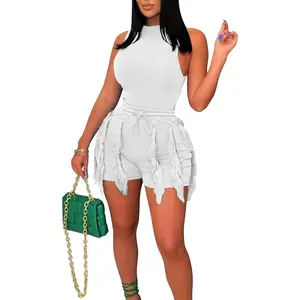 【Fashion】Women 2 Piece Outfits Shorts Sets Sexy Sleeveless Tops Fringe Tassel Shorts Jumpsuits Sweatsuit Clubwear