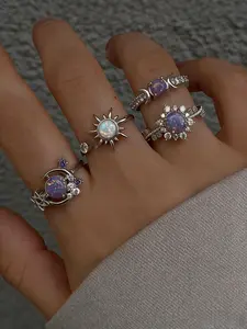 2026 New 4-Piece Sun & Moon Ring Set, Solar Sun Rings, Vintage Purple Gem Stackable Rings, Unique Rings, Gold & Silver Two-Tone Jewelry Combination, Perfect for Women's Daily Wear, Best Friend Gifts